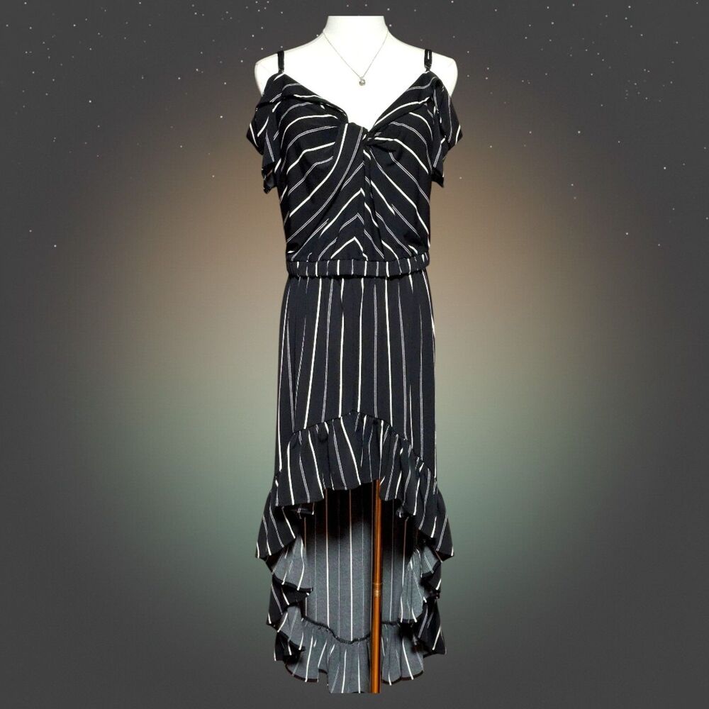 Express Pinstripe Ruffle Hi-Low Midi Dress M Cold Shoulder Stripe